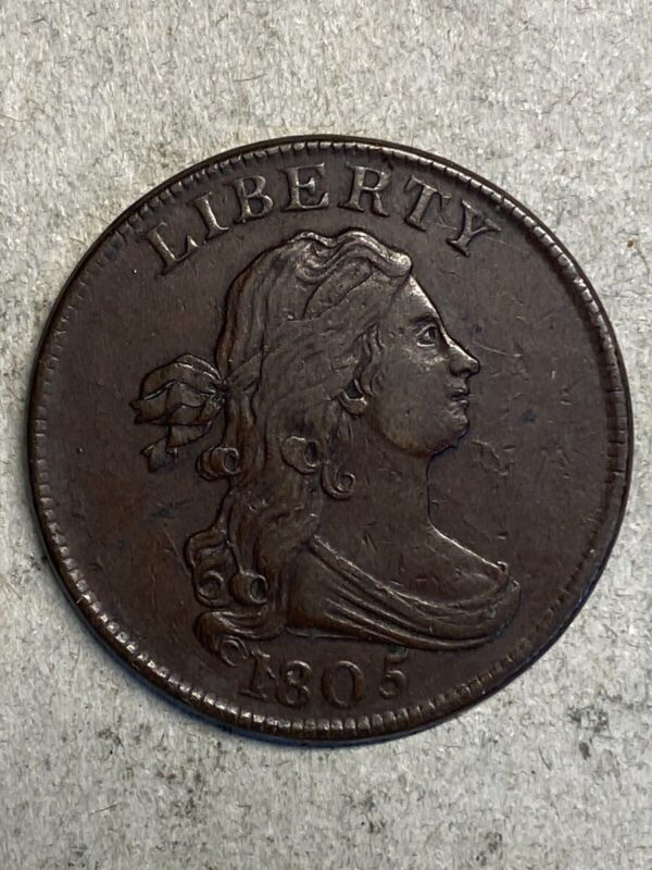 1805 P Draped Bust Half Cent Medium 5 Stemless XF